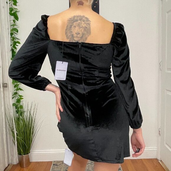 Glamorous Tie-Front Velvet Mini Dress Long Sleeve Size 6 Black - Picture 6 of 7